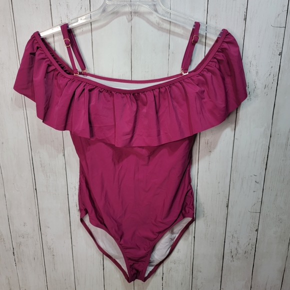 New! Funny Girl Flounce Ruffle Cold Shoulder Swimsuit Women's Size Medium Berry. - Picture 2 of 7